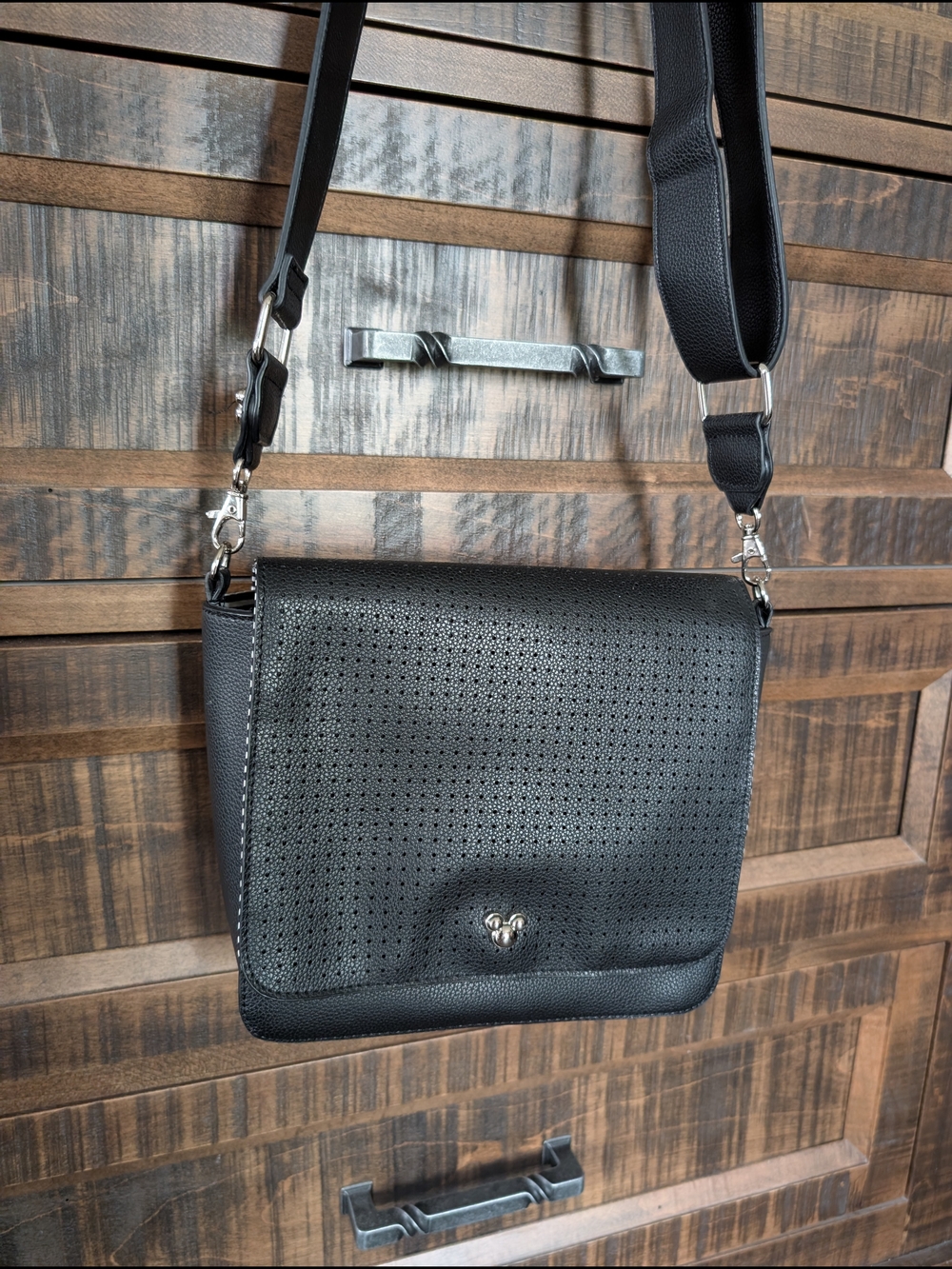 Disney Mickey Perforated Black Faux Leather Bag with Adjustable Strap